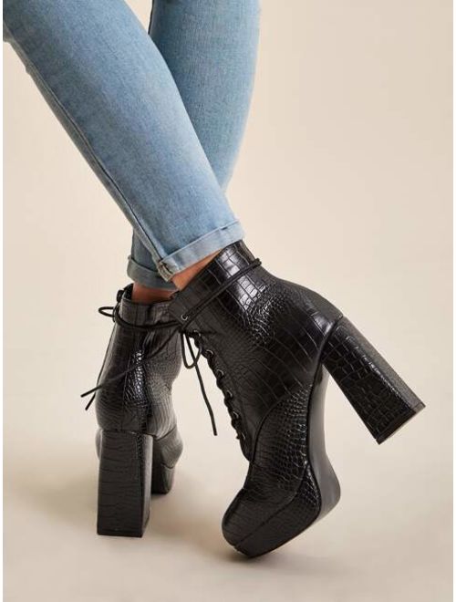 Shein Lace-up Croc Embossed Chunky Boots