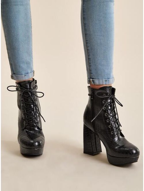 Shein Lace-up Croc Embossed Chunky Boots