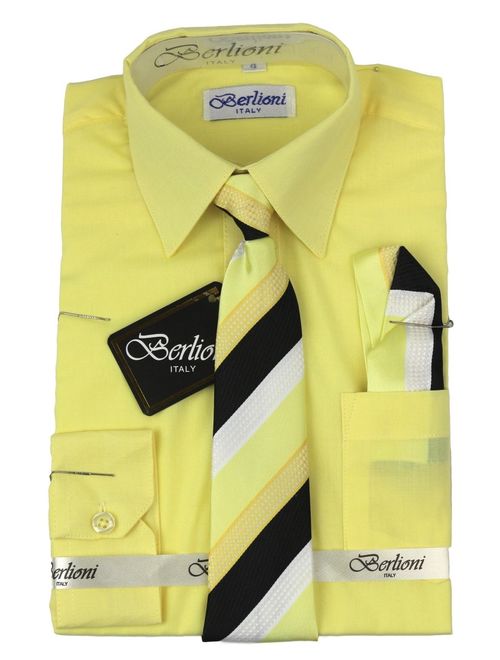 Berlioni Kids Boys Long Sleeve Dress Shirt With Tie and Hanky Lemon