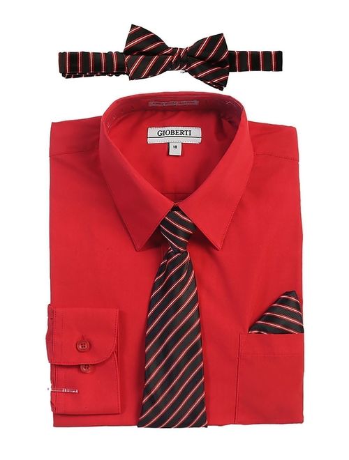 Gioberti Little Boys Red Shirt Necktie Bow Tie Pocket Square 4 Pc Set
