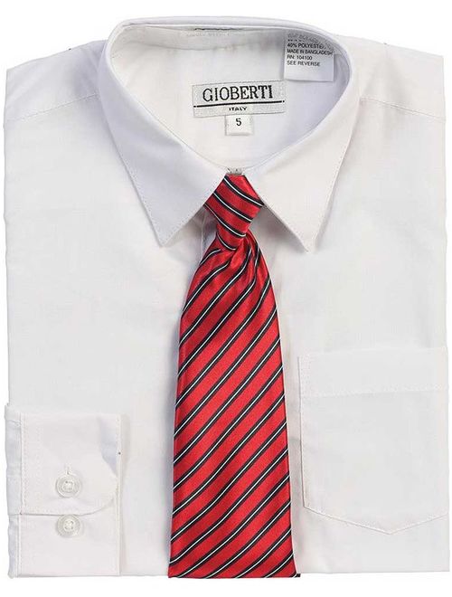 White Button Up Dress Shirt Red Striped Tie Set Boys 5-18