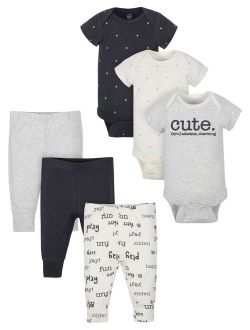 Short Sleeve Bodysuits and Pants Outfit Baby Shower Gift Set, 6pc (Baby Boys or Baby Girls, Unisex)
