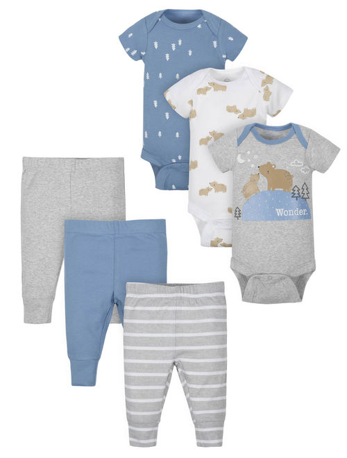Wonder Nation Short Sleeve Bodysuits and Pants Outfit Set, 6pc (Baby Boys)