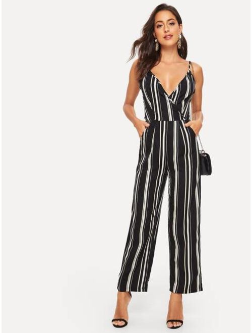 Shein Striped Lace-up Backless Cami Jumpsuit