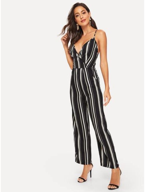 Shein Striped Lace-up Backless Cami Jumpsuit