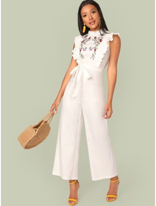 Shein Mock Neck Ruffle Trim Embroidery Belted Palazzo Jumpsuit