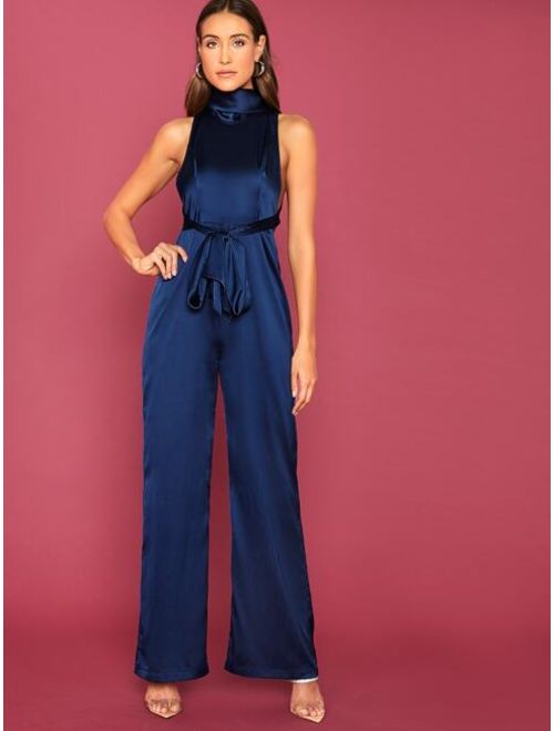 Shein Cowl Neck Tie Front Backless Satin Palazzo Jumpsuit