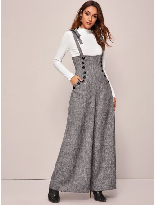 Shein Double Breasted Wide Leg Linen Look Suspender Jumpsuit