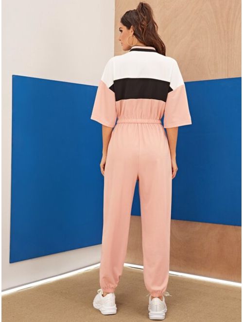 Shein Slogan Graphic Color-block Drawstring Waist Jumpsuit
