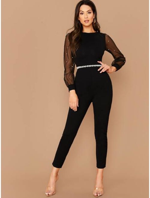 Buy Shein Pearls Mesh Sleeve Form Fitted Jumpsuit Without Belt online ...