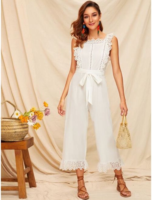 Shein Embroidery Eyelet Scallop Trim Backless Wide Leg Jumpsuit