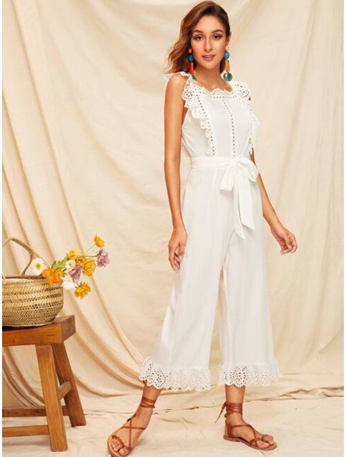 Shein Embroidery Eyelet Scallop Trim Backless Wide Leg Jumpsuit