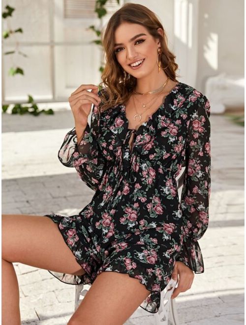 Shein Plunging Tie Front Floral Chiffon Romper