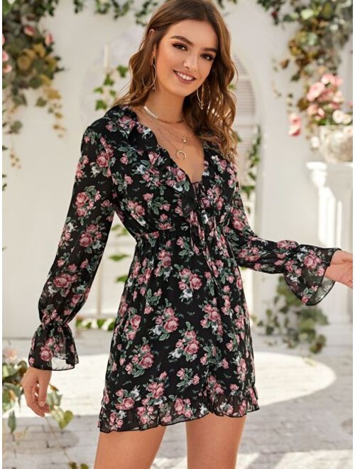 Shein Plunging Tie Front Floral Chiffon Romper