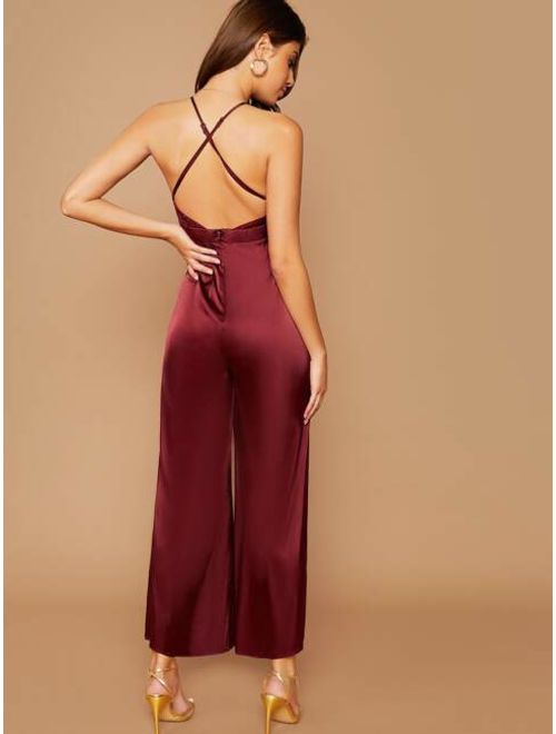 Shein Plunging Crisscross Backless Sequin Bodice Split Thigh Satin Jumpsuit
