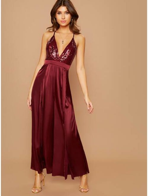 Shein Plunging Crisscross Backless Sequin Bodice Split Thigh Satin Jumpsuit