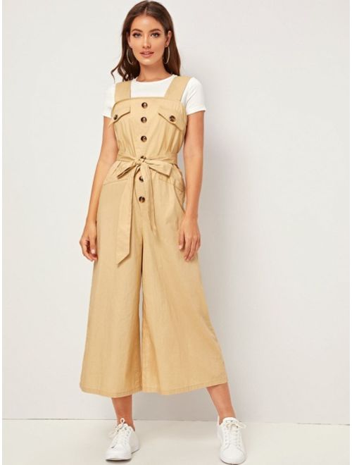 Shein Buttoned Front Self Belted Wide Leg Jumpsuit