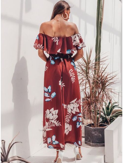 Shein Simplee Floral Ruffle Trim Bardot Belted Jumpsuit