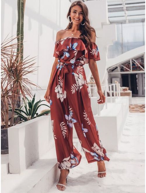 Shein Simplee Floral Ruffle Trim Bardot Belted Jumpsuit