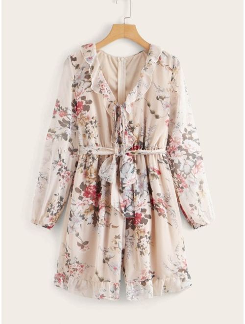 Shein Floral Ruffle Trim Tie Front Belted Romper