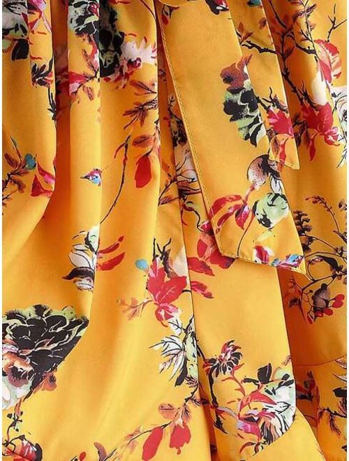Shein Floral Print Deep Plunge Tie Front Culottes Romper