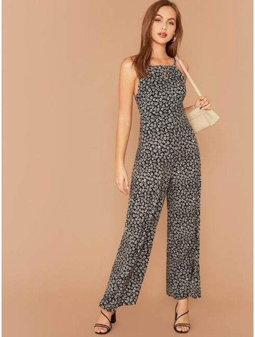 Shein Back Tie Sleeveless Floral Jumpsuit