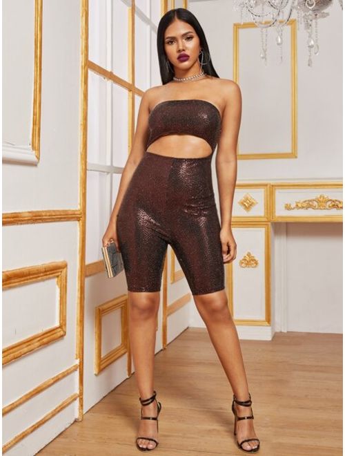 Shein Cutout Front Backless Sequin Tube Romper