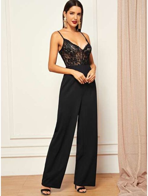Shein Sheer Lace Bodice Straight Leg Cami Jumpsuit