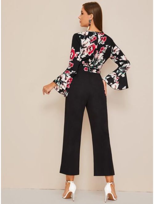 Shein Surplice Neck Bell Sleeve Floral Print Belted Jumpsuit