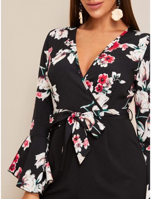 Shein Surplice Neck Bell Sleeve Floral Print Belted Jumpsuit