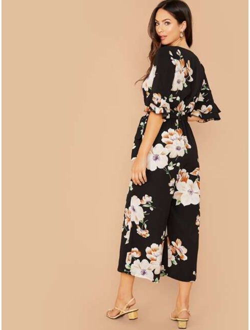 Shein Flounce Sleeve Surplice Wrap Belted Floral Print Jumpsuit