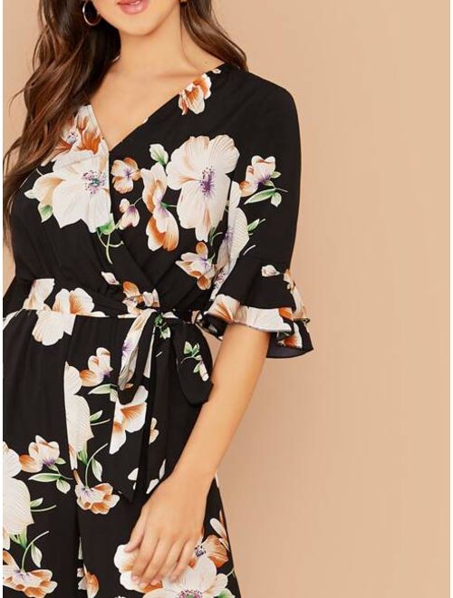 Shein Flounce Sleeve Surplice Wrap Belted Floral Print Jumpsuit