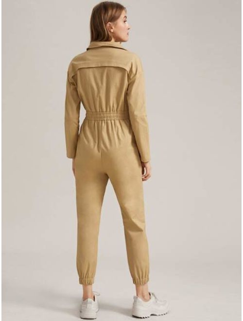 Shein Premium Press Buttoned Flap Pocket Drawstring Waist Jumpsuit
