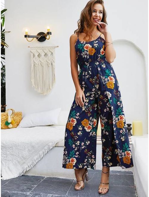 Shein Floral Print Split Cami Jumpsuit