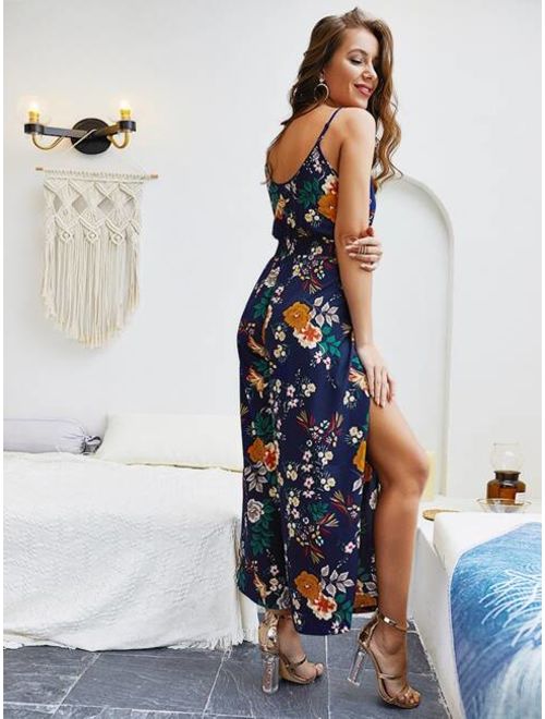 Shein Floral Print Split Cami Jumpsuit