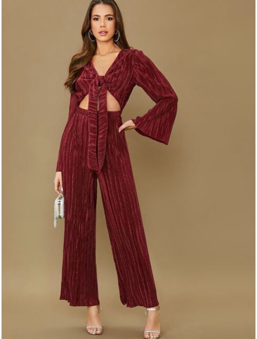 Shein Tie Cut Out Front Bell Sleeve Wide Leg Jumpsuit