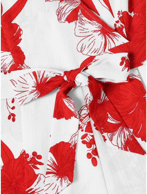 Shein Floral Print Zip Back Belted Playsuit