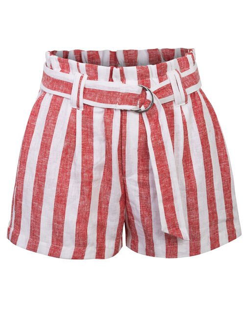 KOGMO Womens Casual Striped Summer Beach Linen Shorts With Belt