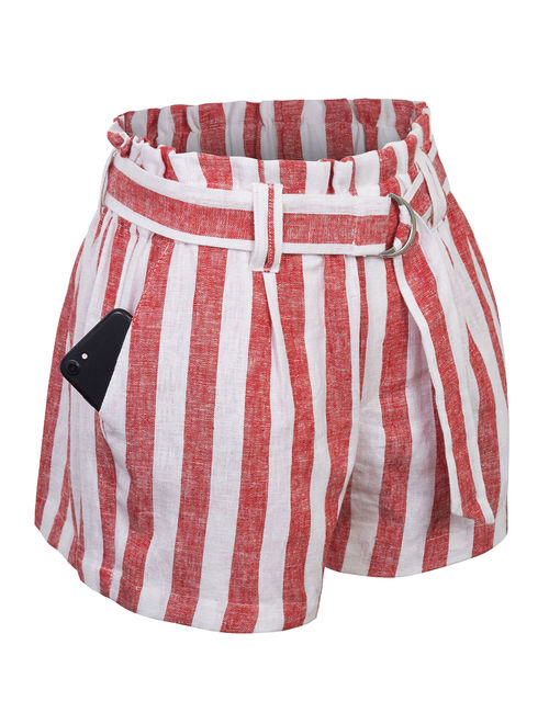 KOGMO Womens Casual Striped Summer Beach Linen Shorts With Belt