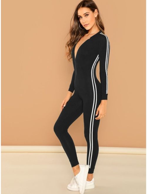 Shein Zip Front Striped Side Sweat Jumpsuit Without Bag