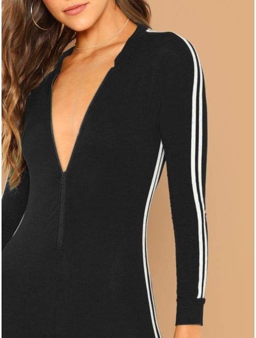 Shein Zip Front Striped Side Sweat Jumpsuit Without Bag