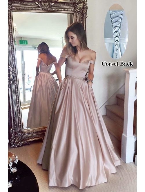 Harsuccting Off The Shoulder Beaded Satin Evening Prom Dress with Pocket
