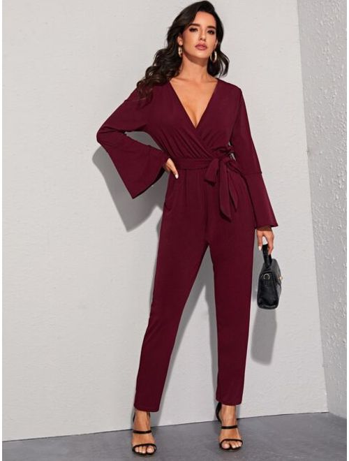 Shein Surplice Front Bell Sleeve Belted Jumpsuit
