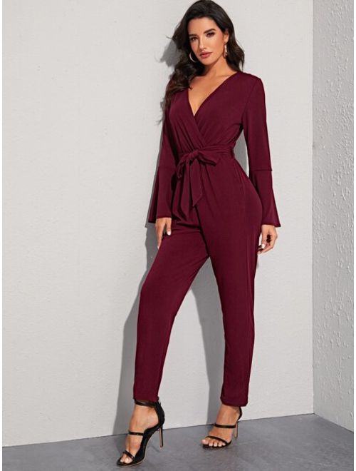 Shein Surplice Front Bell Sleeve Belted Jumpsuit