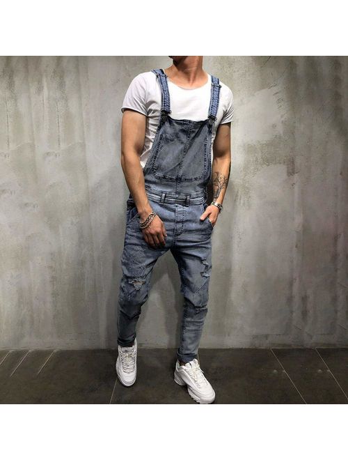 WOCACHI Mens Overalls Bib Jumpsuit Jeans Denim Bib Dungarees Trousers Ripped Suspender Pants with Pockets