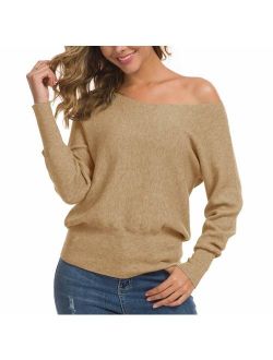 Feiersi Women's Off Shoulder Sweater Long Sleeve Loose Pullover Knit Jumper