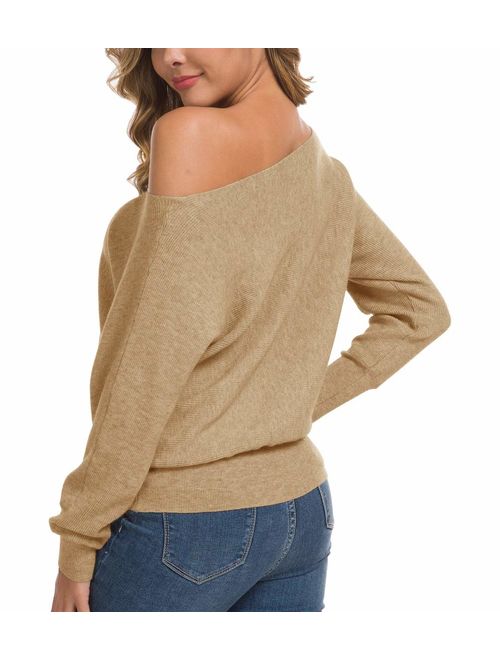 Feiersi Women's Off Shoulder Sweater Long Sleeve Loose Pullover Knit Jumper