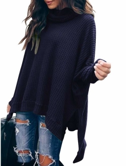 Women Turtlenck Batwing Sleeve High Low Hem Side Slit Waffle Knit Casual Loose Oversized Pullover Sweater Tunic Tops