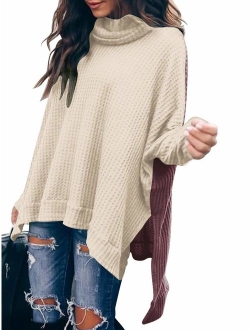 Women Turtlenck Batwing Sleeve High Low Hem Side Slit Waffle Knit Casual Loose Oversized Pullover Sweater Tunic Tops