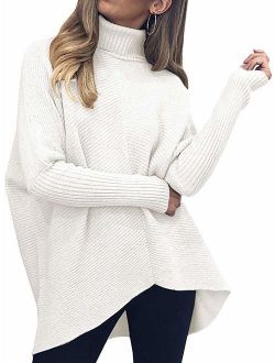 Caracilia Womens Turtleneck Long Sleeve Sweater Irregular Hem Casual Pullover Knit Tops